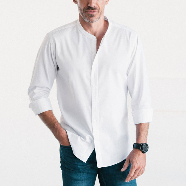 Pure White Men's Band Collar Button Down 100% Cotton Casual Shirt
