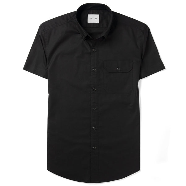 Batch Shirts Men's Short Sleeve Casual Button Down Shirt in Jet Black Stretch Cotton Medium - Tall