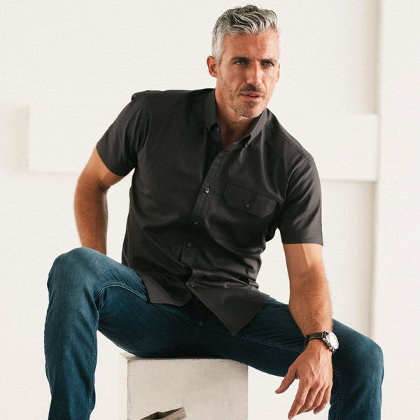 Men's Short Sleeve Casual Shirt - Builder in Jet Black Cotton Oxford