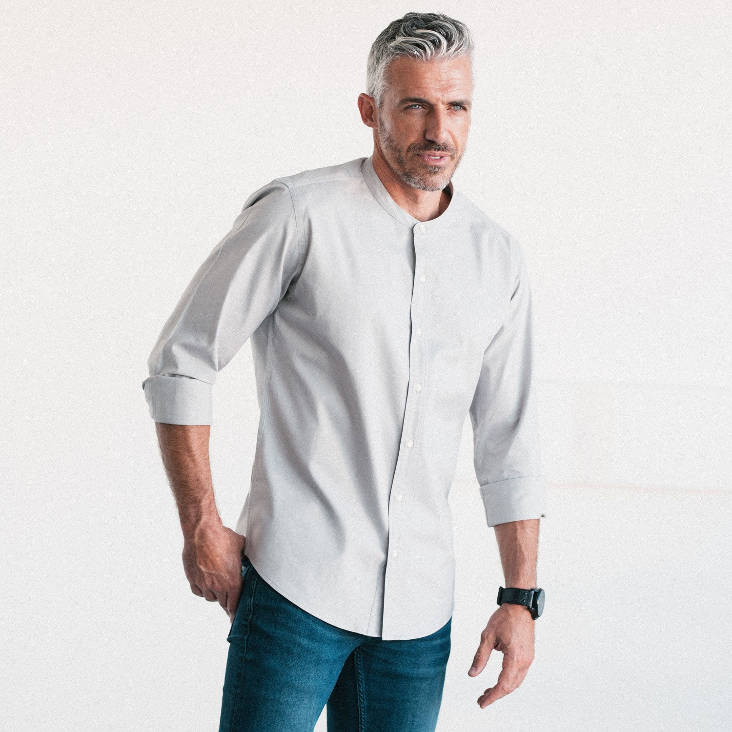 Essential Band Collar Button Down Shirt - Light Gray Cotton Stretch Poplin