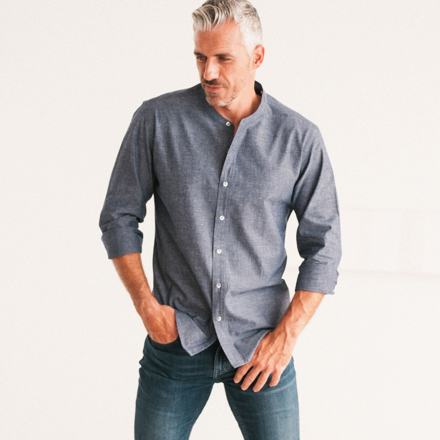 Essential Band Collar Button Down Shirt - Navy Cotton End-on-end