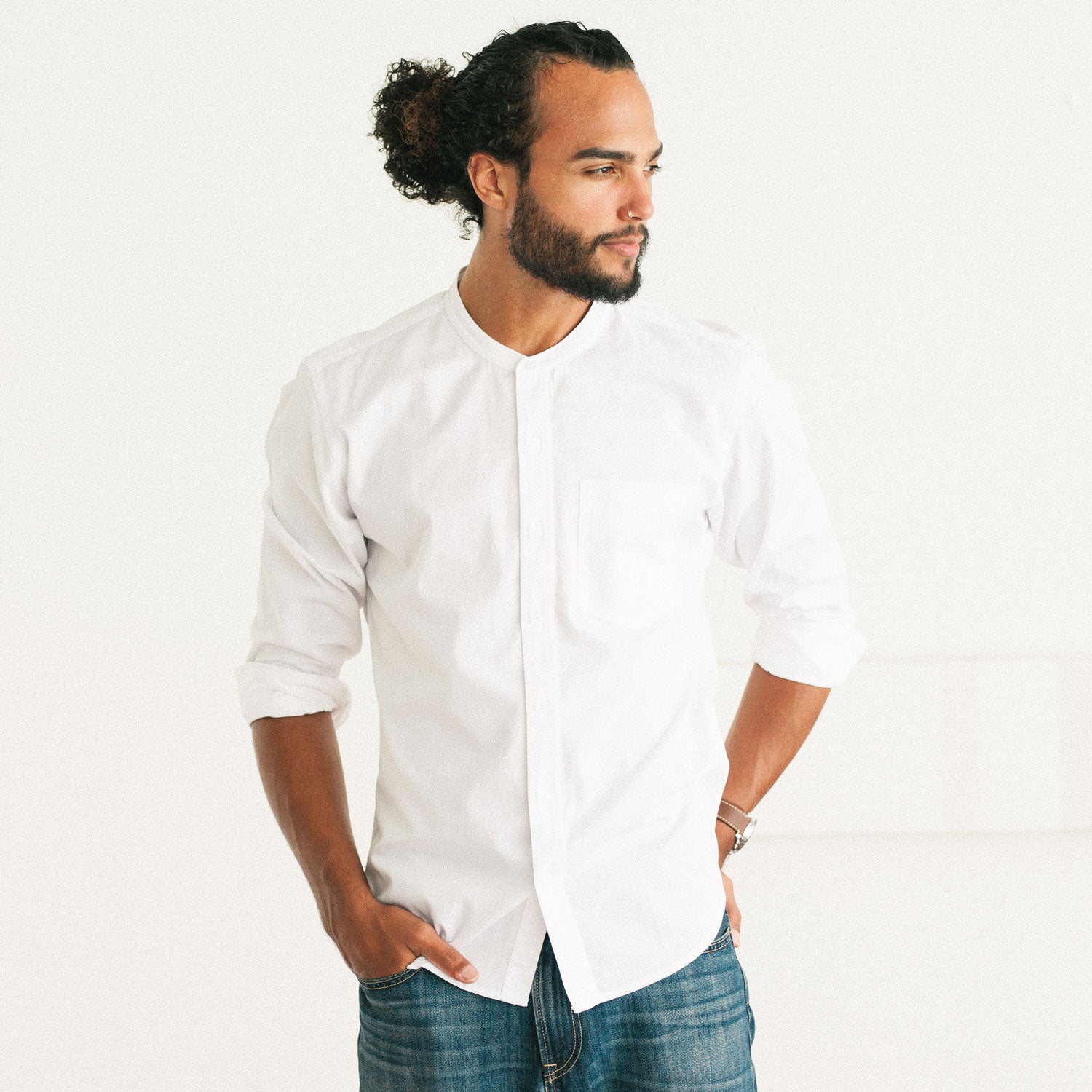 Essential Band Collar 1 Pocket Button Down Shirt - Pure White Cotton Twill