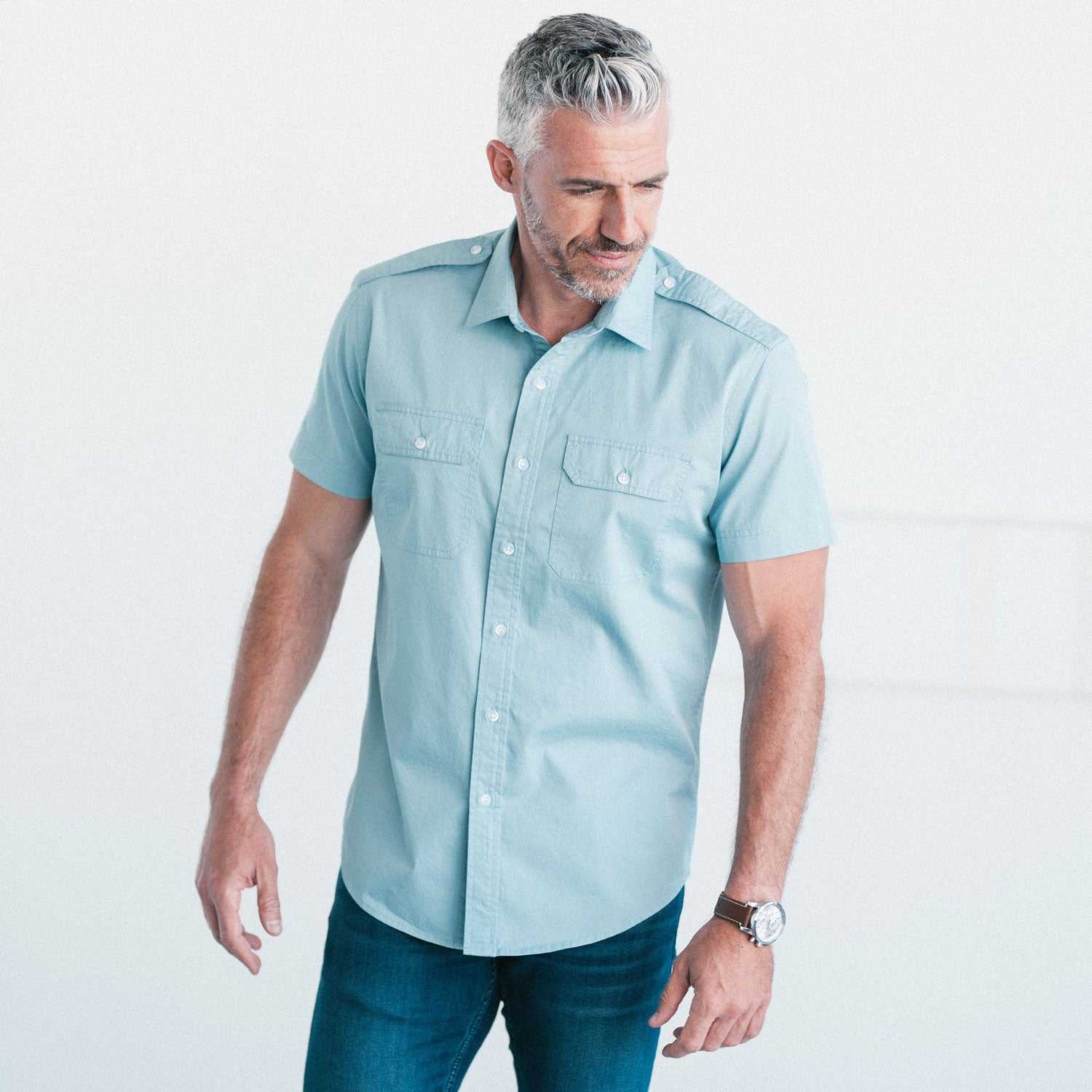 Smith Utility Short Sleeve Shirt – Light Blue Cotton Twill