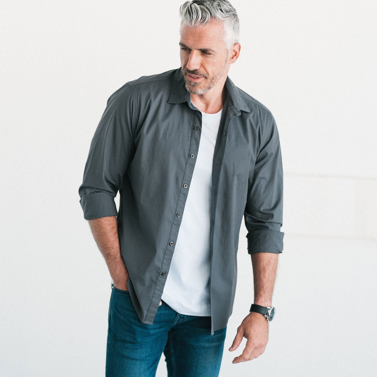 Essential Spread Collar Casual Shirt - Slate Gray Stretch Cotton Poplin