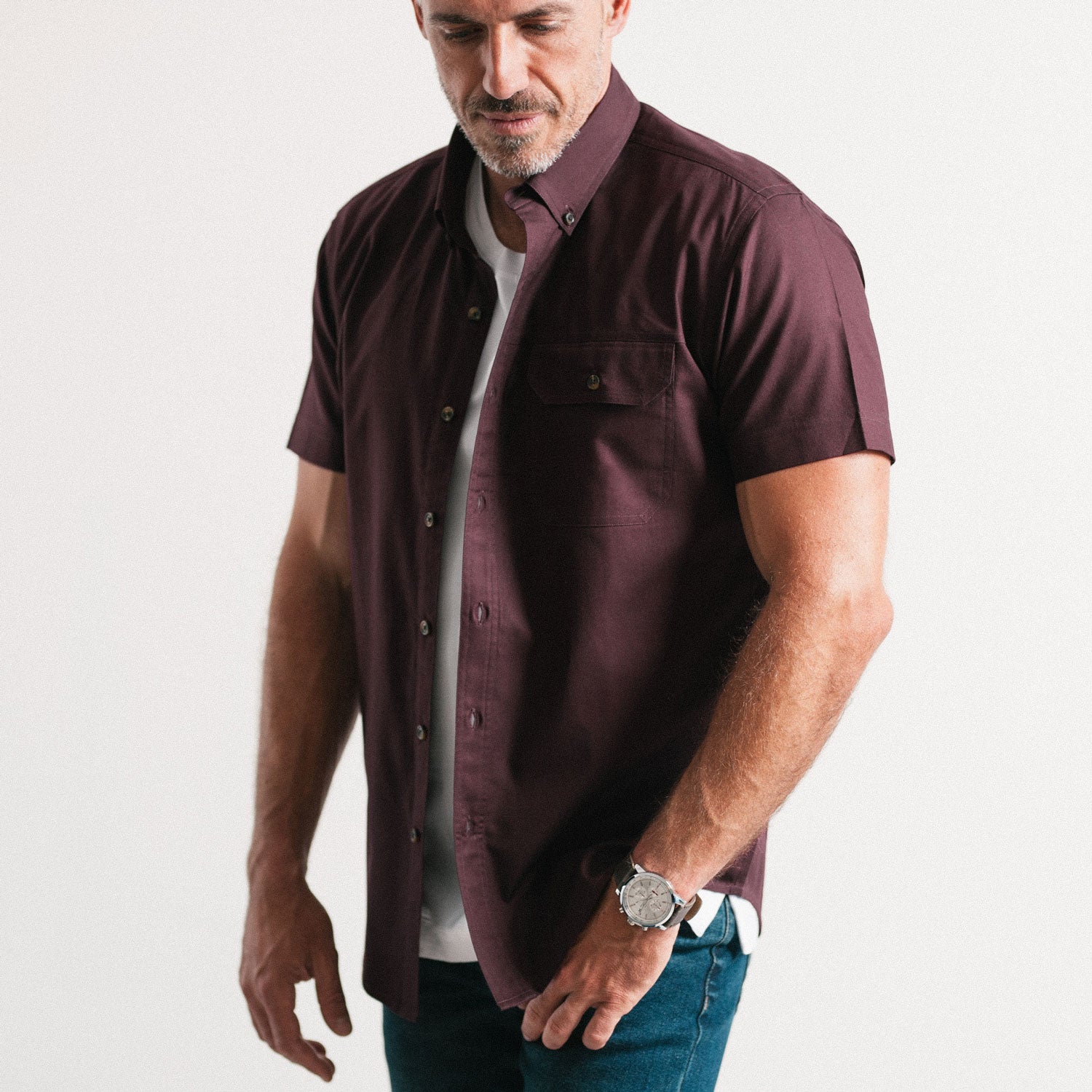 Men's Short Sleeve Casual Shirt - Builder in Burgundy Cotton Oxford | Batch