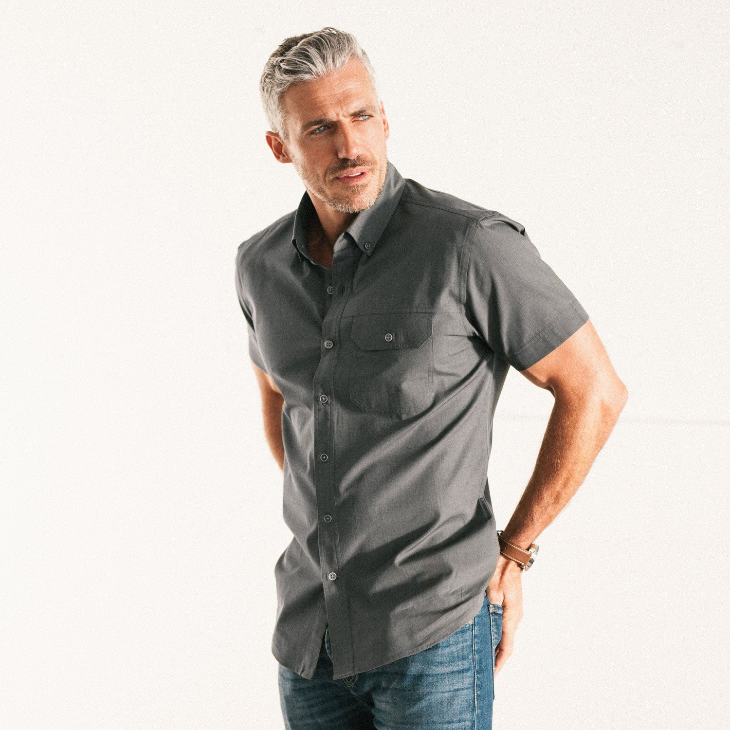 Builder Short Sleeve Casual Shirt – Titanium Gray Cotton End-on-end