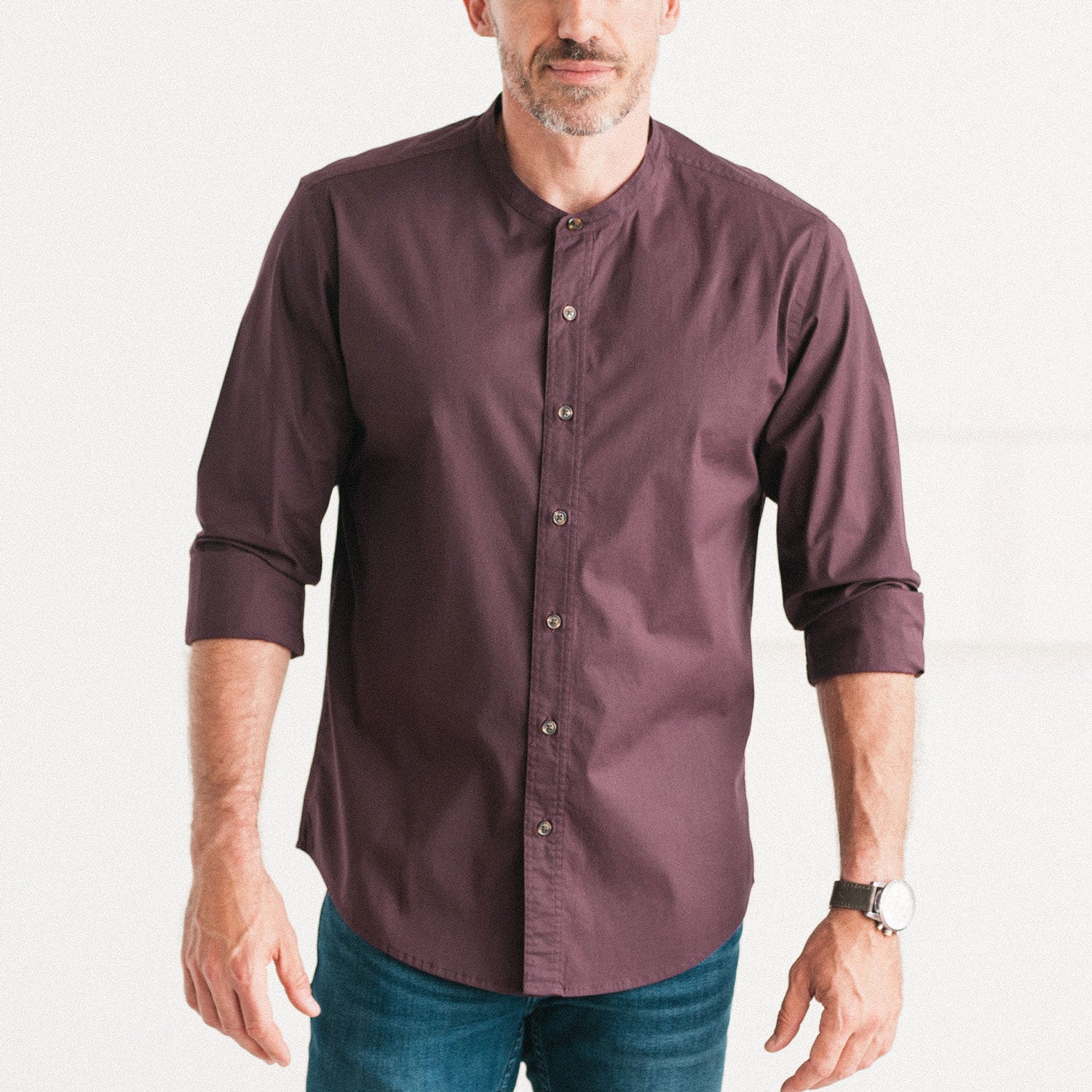 Essential Band Collar Button Down Shirt - Burgundy Cotton Stretch Poplin