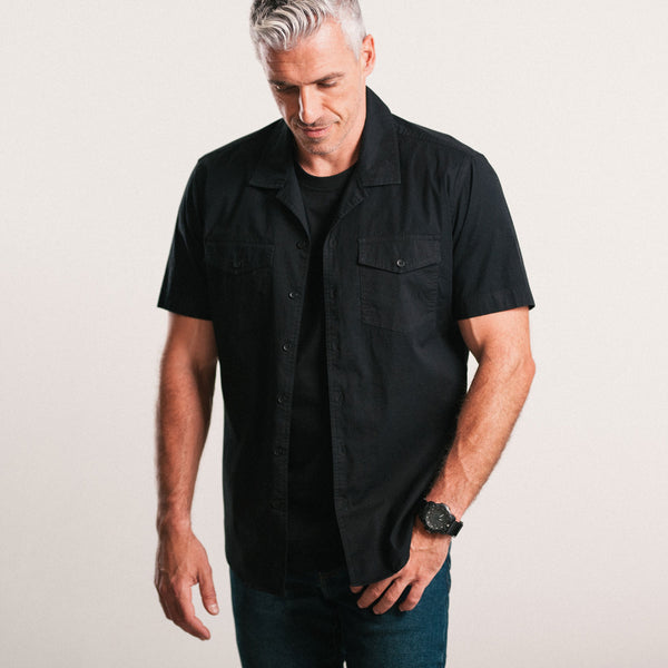 Pioneer Short Sleeve Camp Collar Shirt – Black Stretch Poplin
