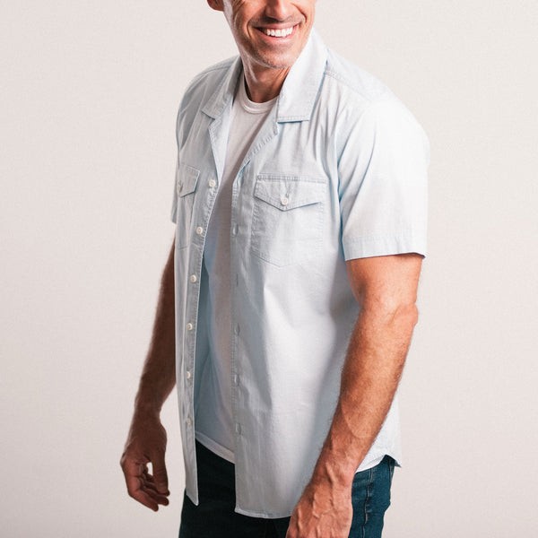 Pioneer Short Sleeve Camp Collar Shirt – Light Blue Stretch Poplin