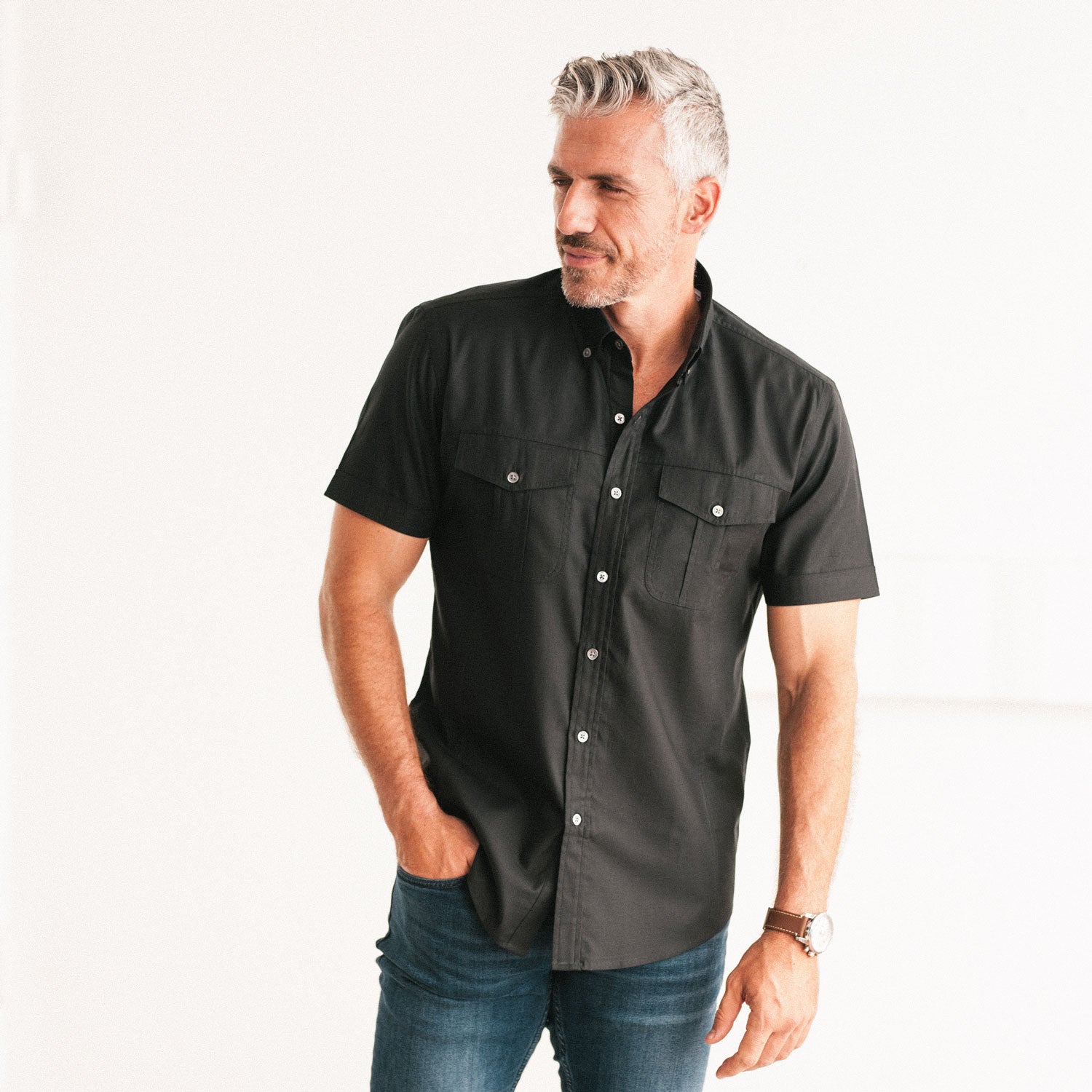 Editor Short Sleeve Utility Shirt – Pure Black Mercerized Cotton