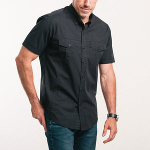 Editor Two Pocket Short Sleeve Men's Utility Shirt In Pure Black Mercerized Cotton On Body