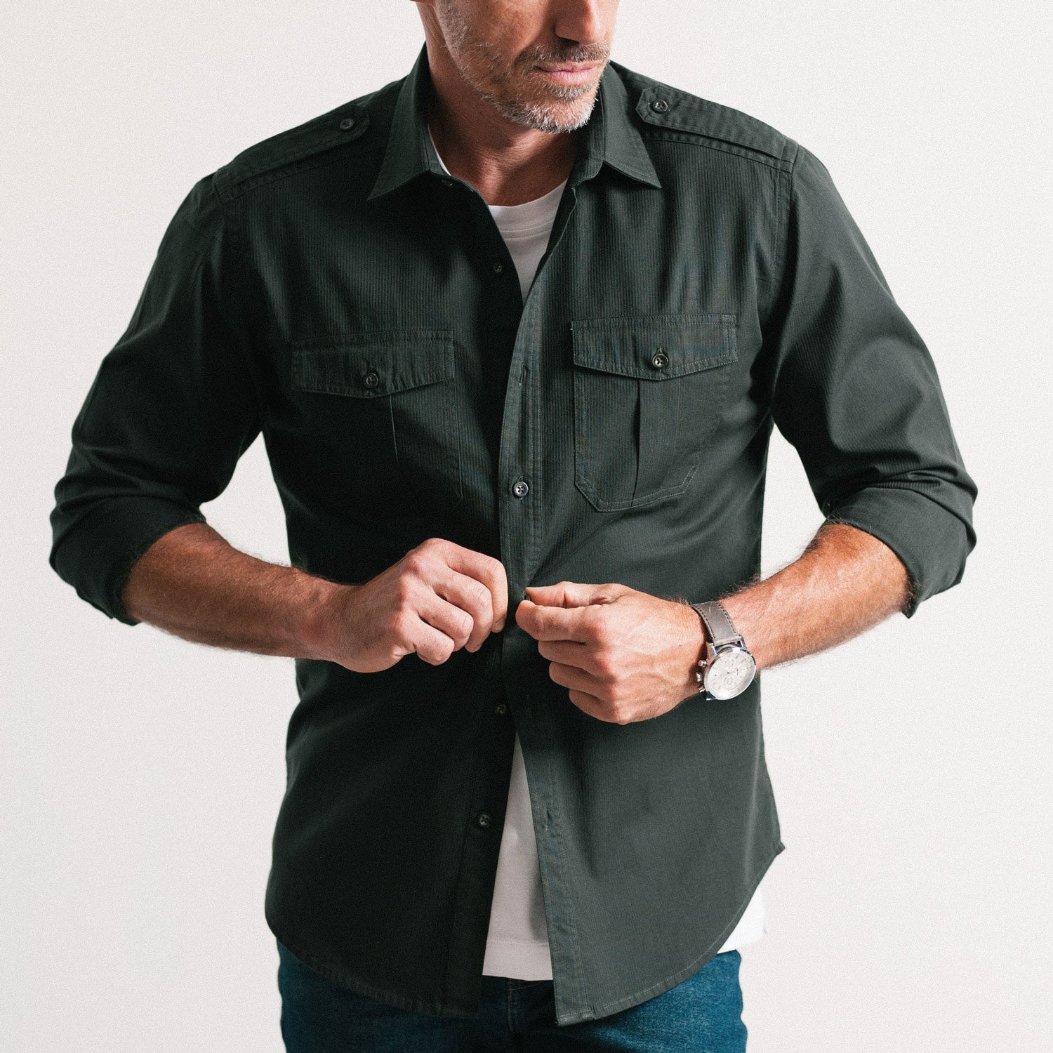 Engineer Utility Shirt – Dark Green Cotton Shadow Stripe