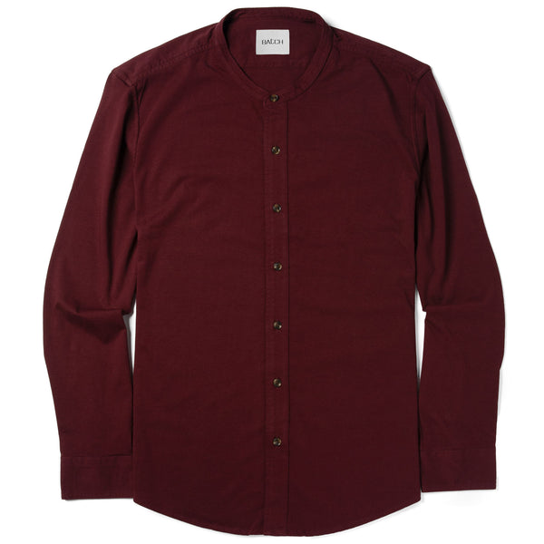 Men's Band Collar Button Down Shirt In Dark Burgundy 100% Cotton Twill