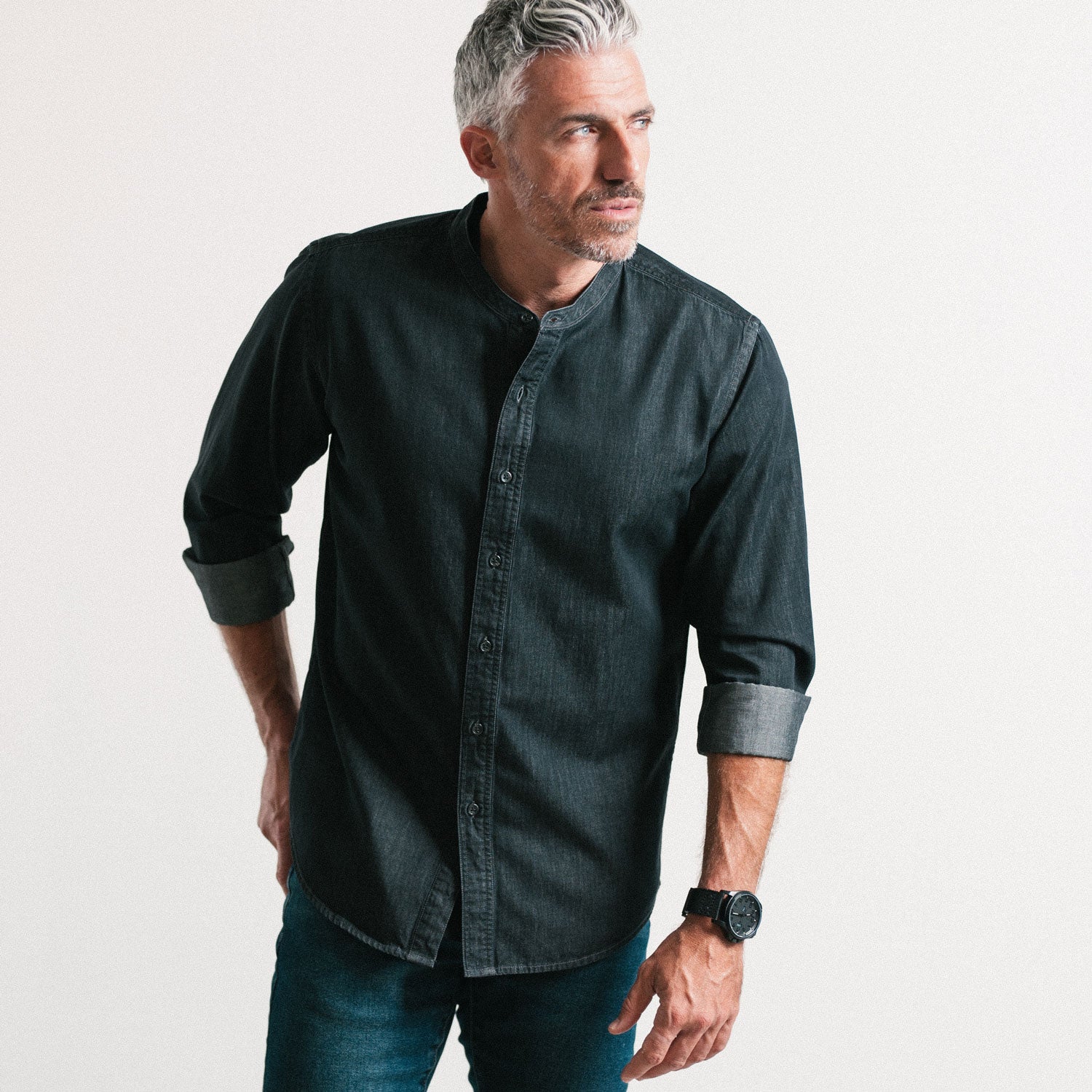 Essential Band Collar Button Down Shirt - Black Cotton Denim