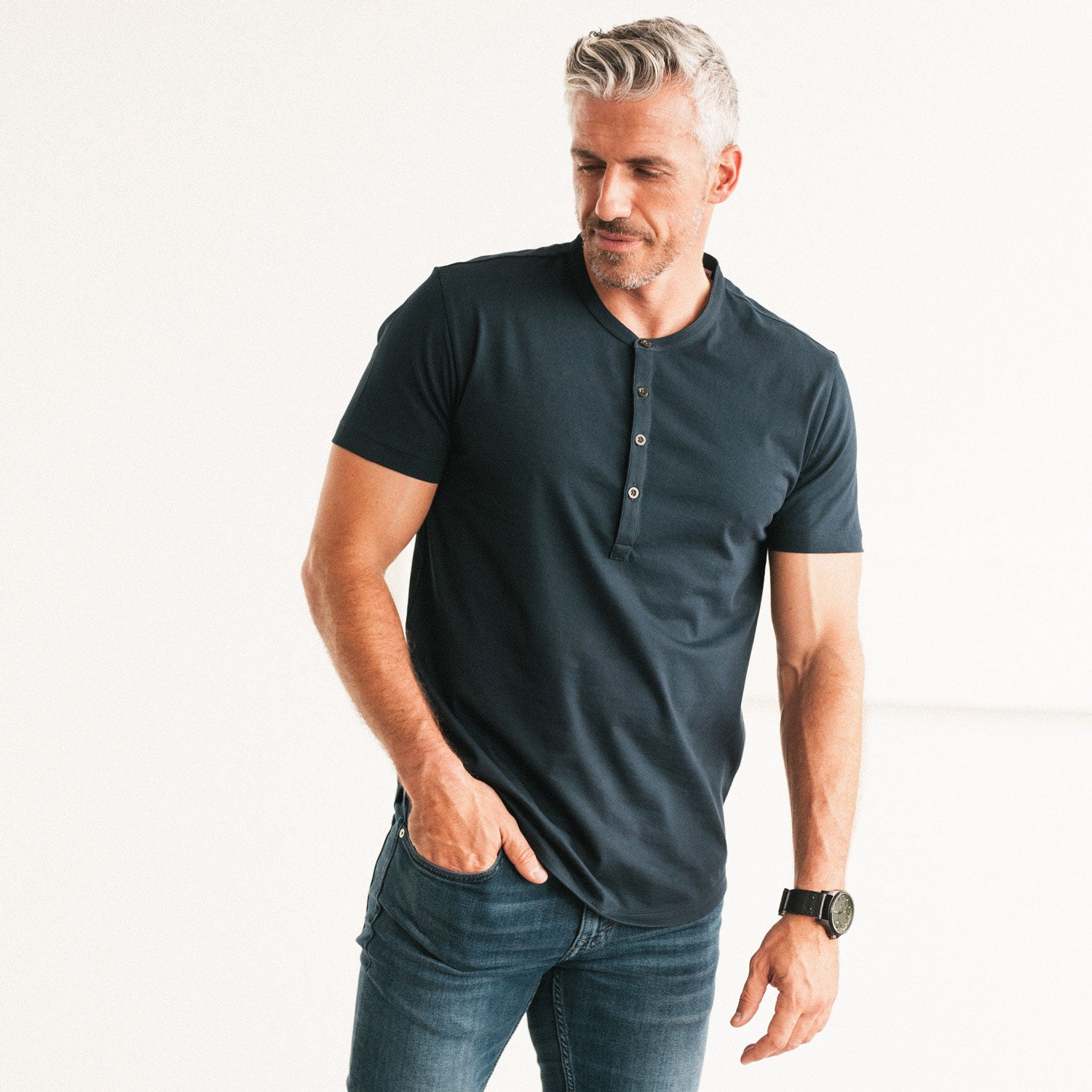 Essential Short Sleeve Curved Hem Henley Navy Cotton Jersey