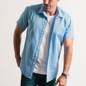 Essential Spread Collar Casual Short Sleeve Shirt - Classic Blue Cotton Oxford