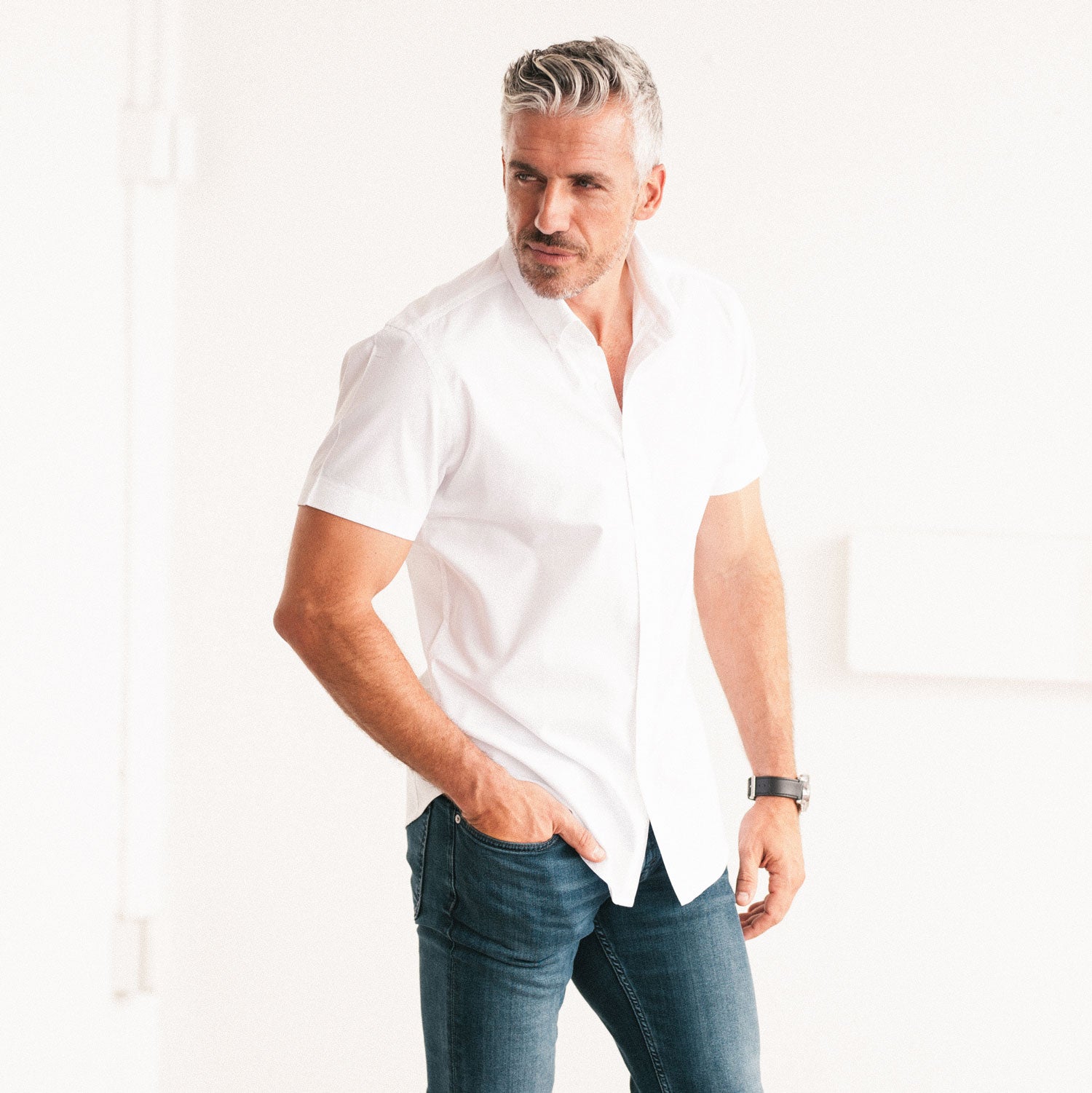 Essential Button Down Collar Casual Short Sleeve Shirt - White Cotton Twill