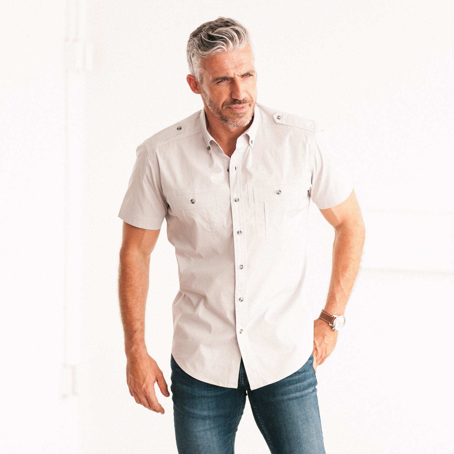 Finisher Short Sleeve Utility Shirt – Aluminum Gray Stretch Cotton Poplin