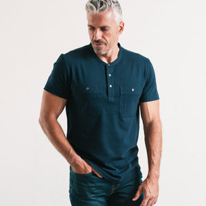 Fixer Short Sleeve Henley Shirt –  Navy Cotton Jersey