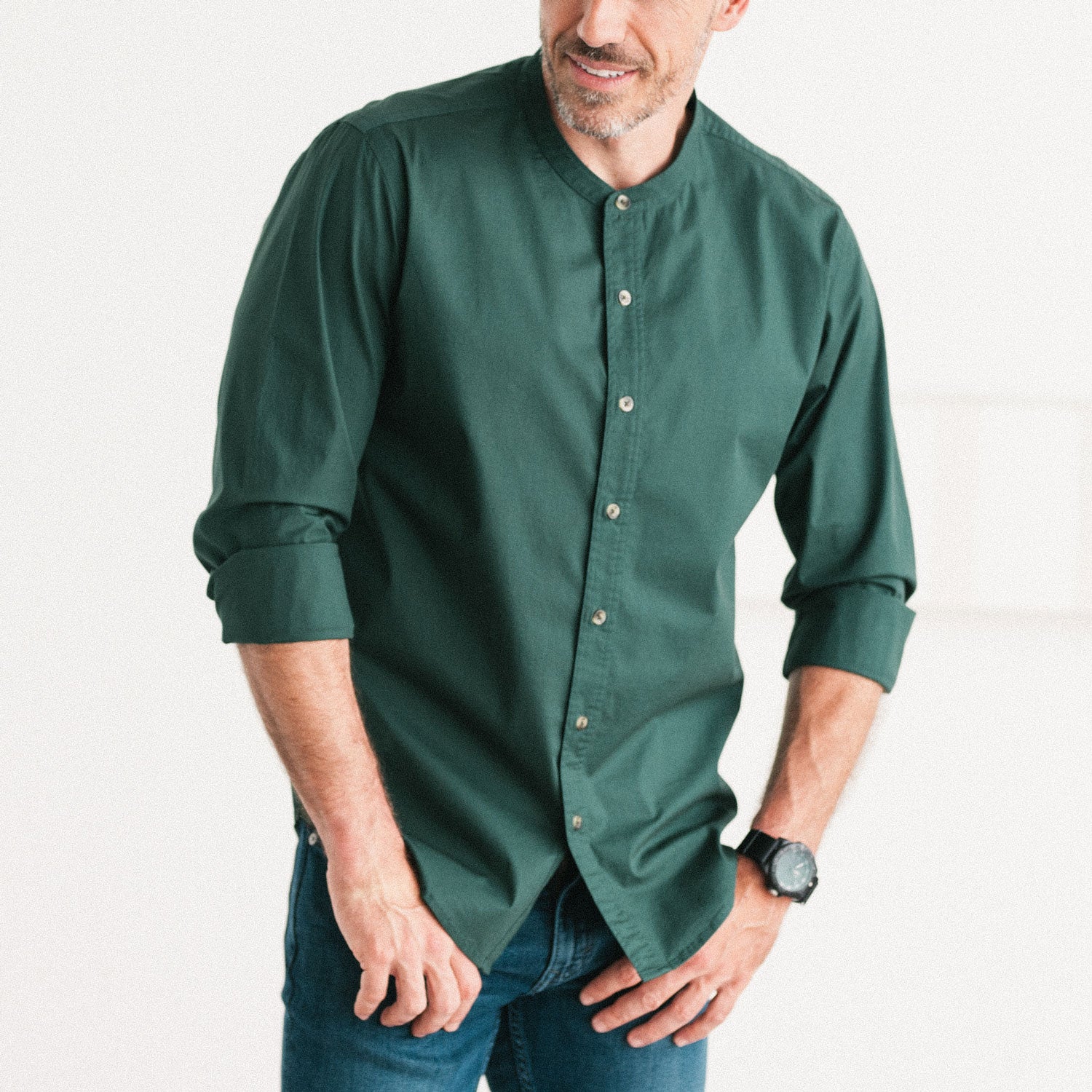 Essential Band Collar Button Down Shirt - Forest Green Cotton Stretch Poplin