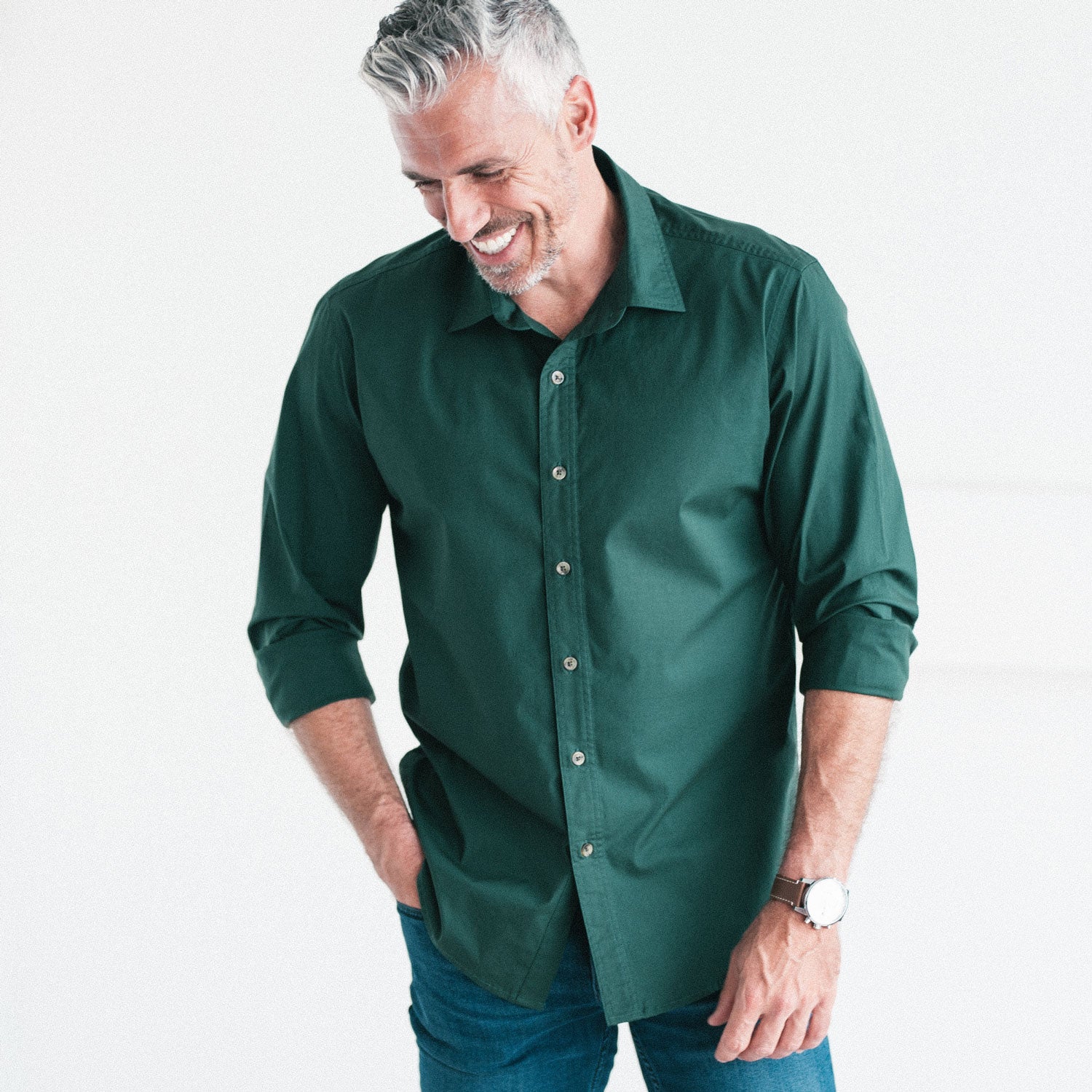 Essential Spread Collar Casual Shirt - Forest Green Stretch Cotton Poplin