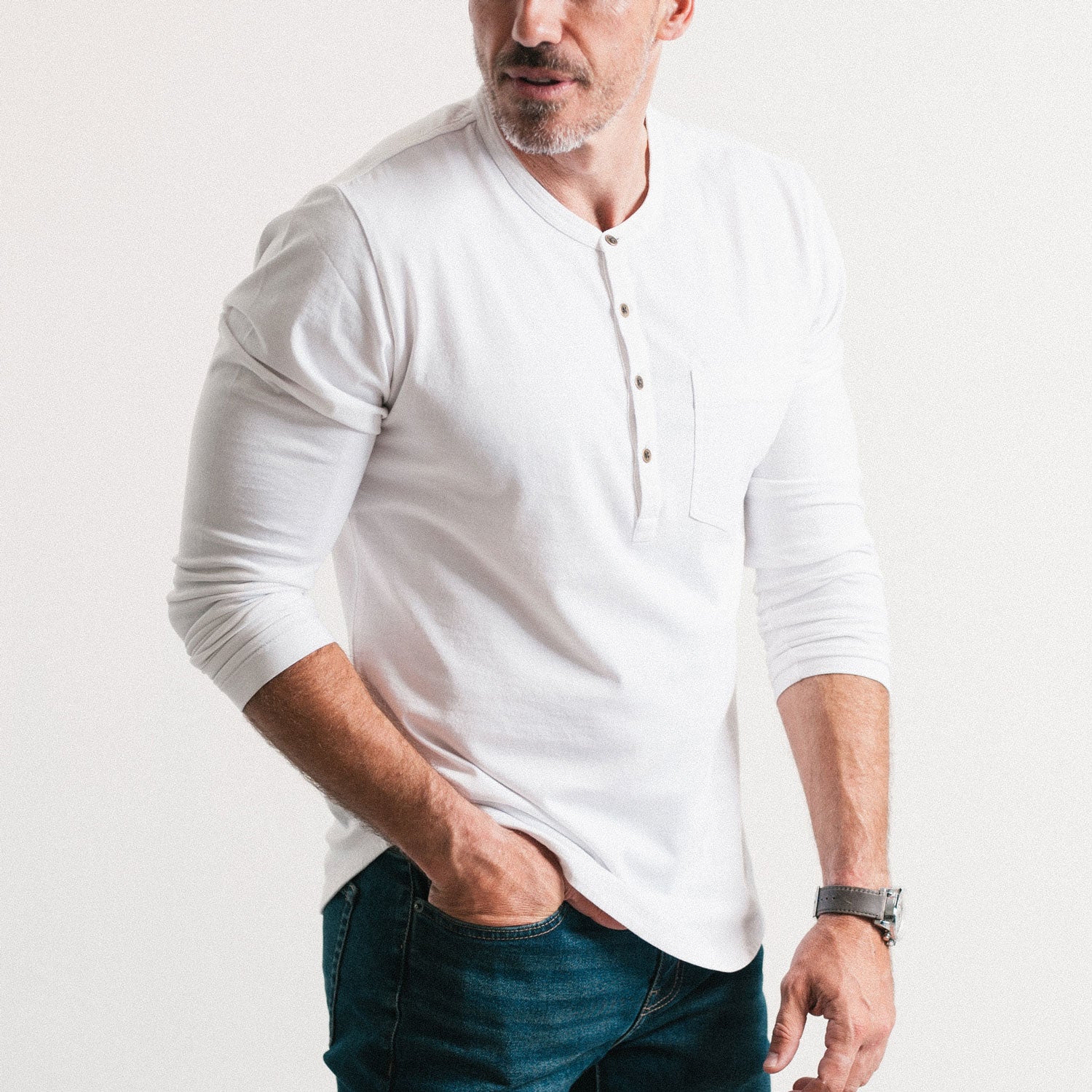 Essential 1 Pocket Henley BB  Shirt –  White Cotton Jersey