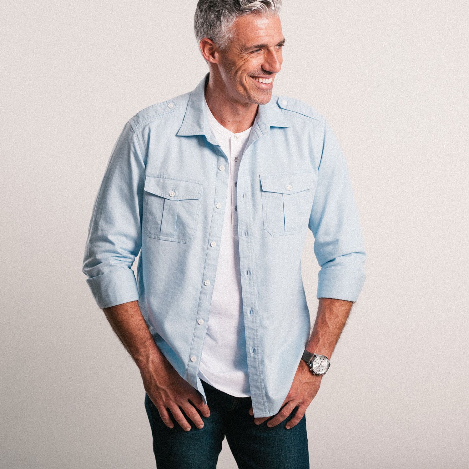 Jackson Utility Shirt – Light Blue Cotton Herringbone