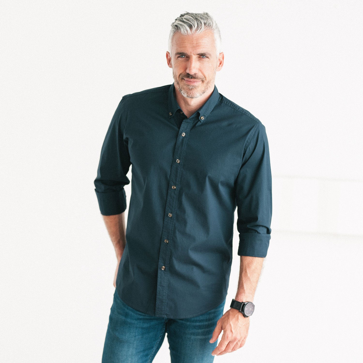 Essential Button Down Collar Casual Shirt - Dark Navy Stretch Cotton Poplin