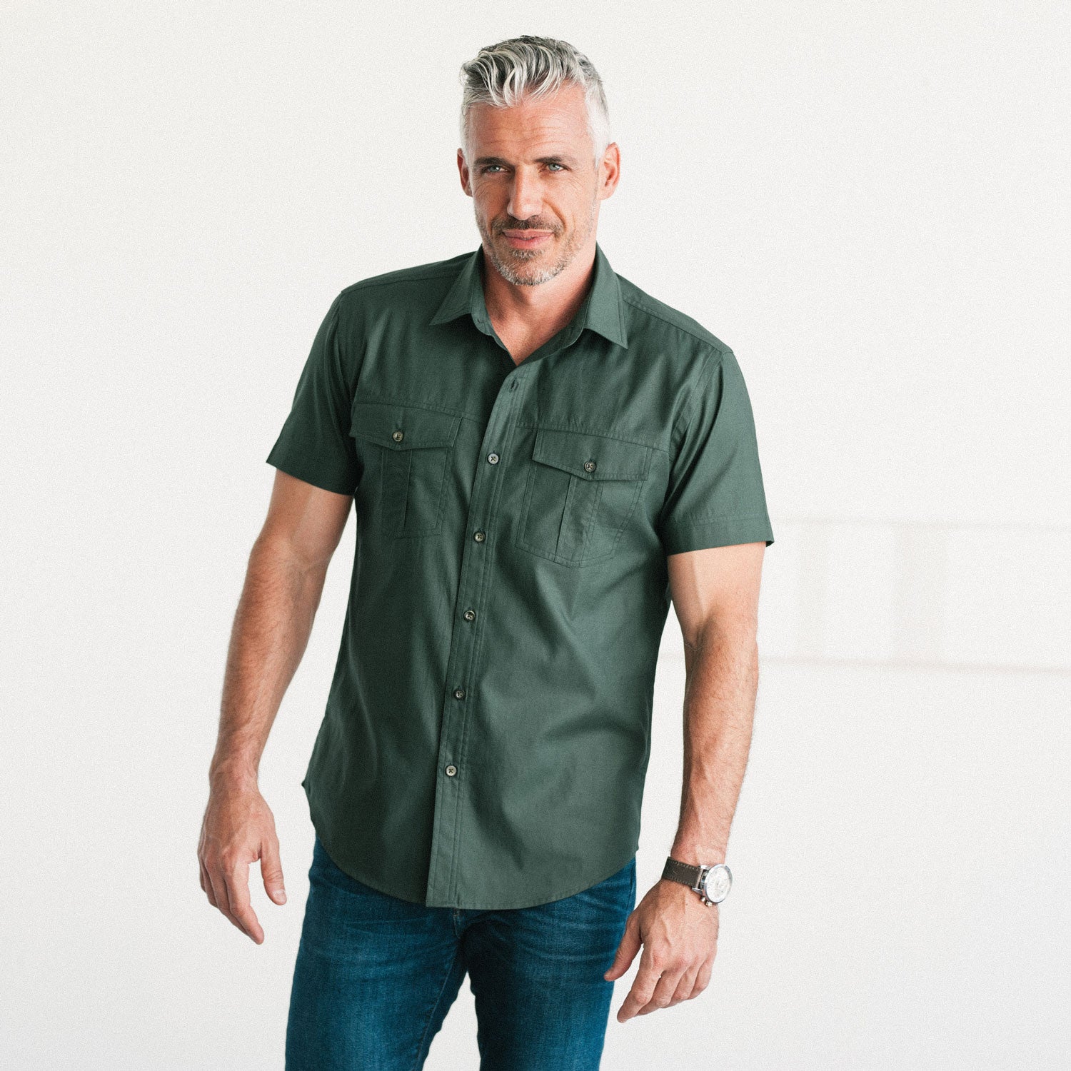 Primer Short Sleeve Utility Shirt – Forest Green Mercerized Cotton