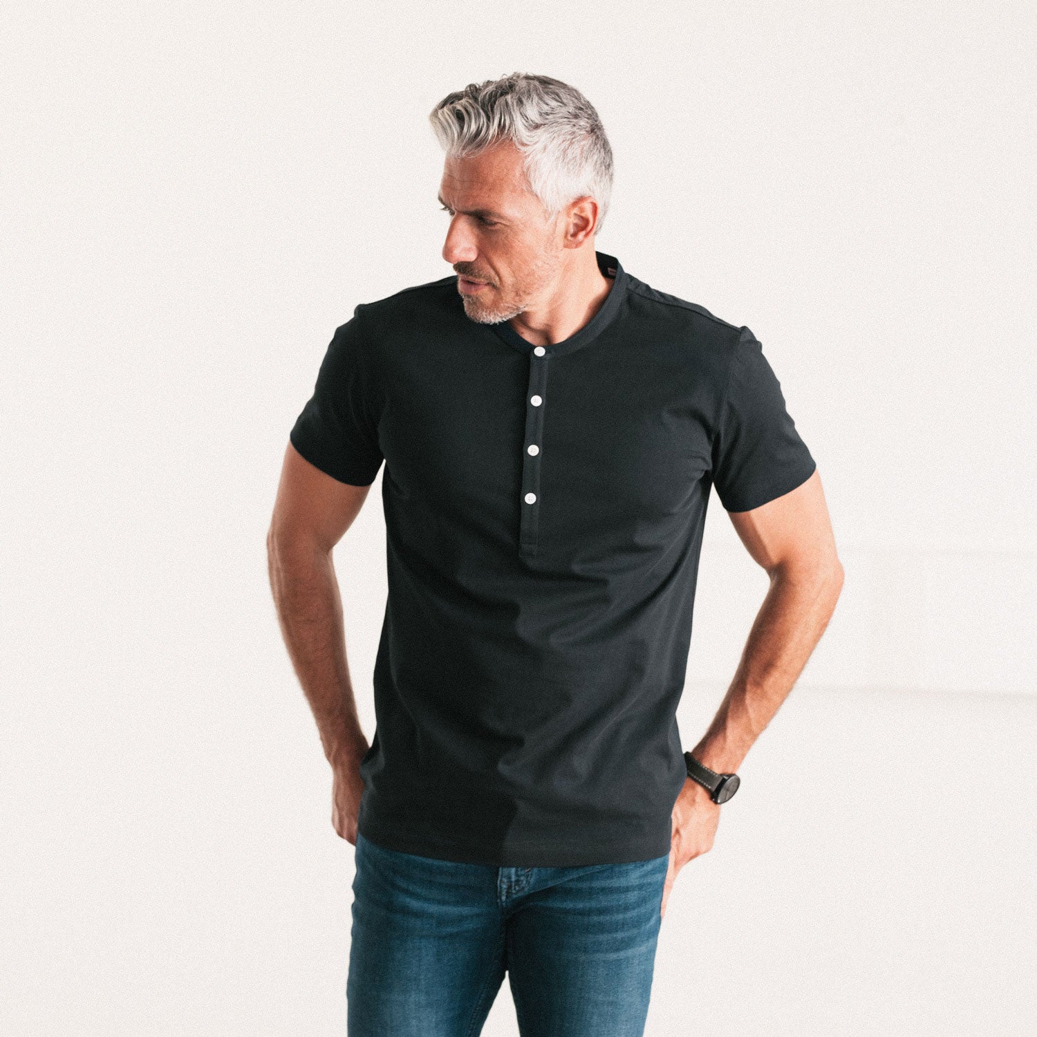 Essential WB Short Sleeve Henley Shirt –  Black Cotton Jersey