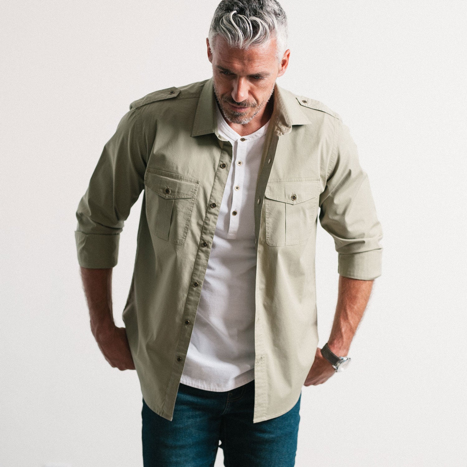 Guide Utility Shirt – Light Fatigue Green Stretch Cotton Poplin