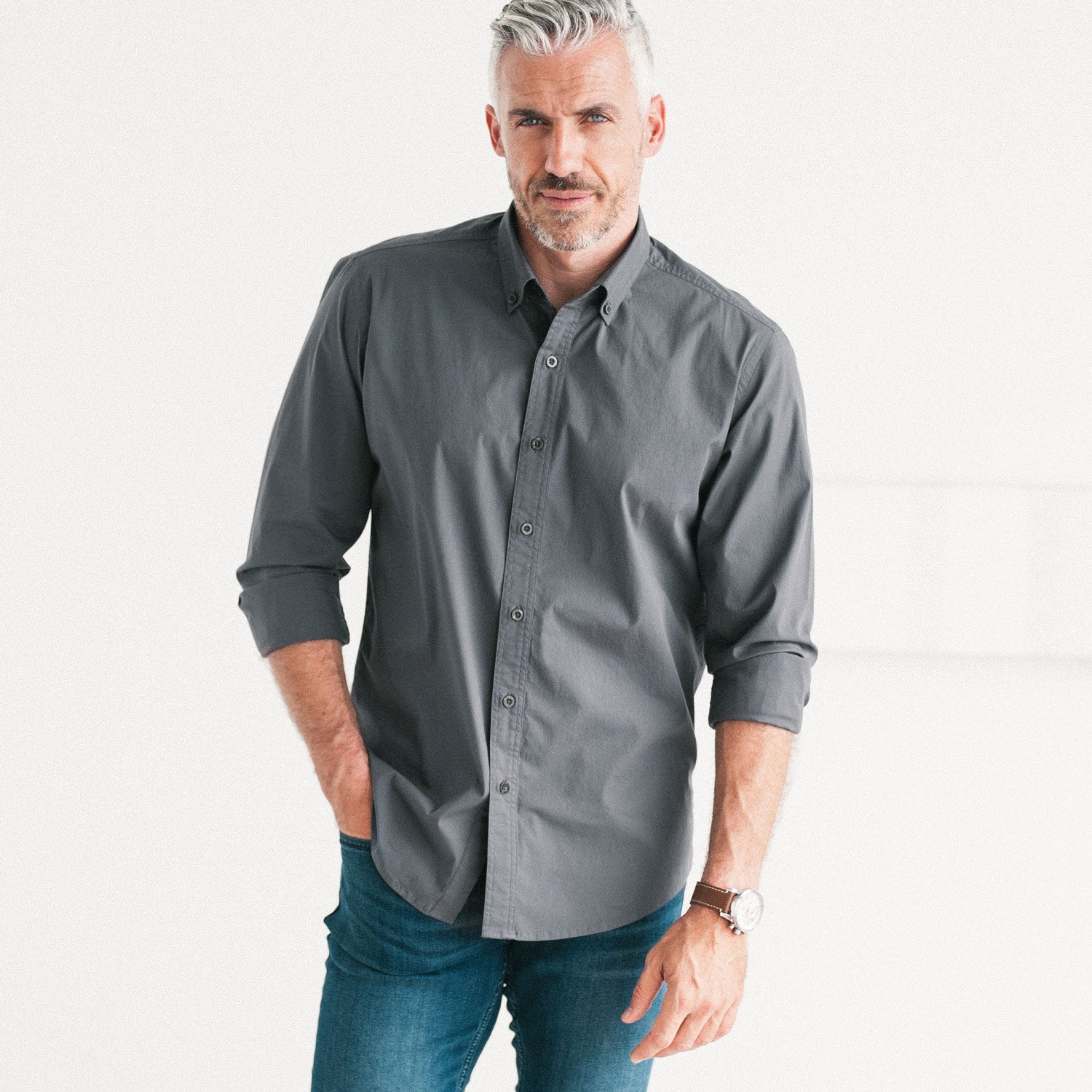 Essential Button Down Collar Casual Shirt - Slate Gray Stretch Cotton Poplin