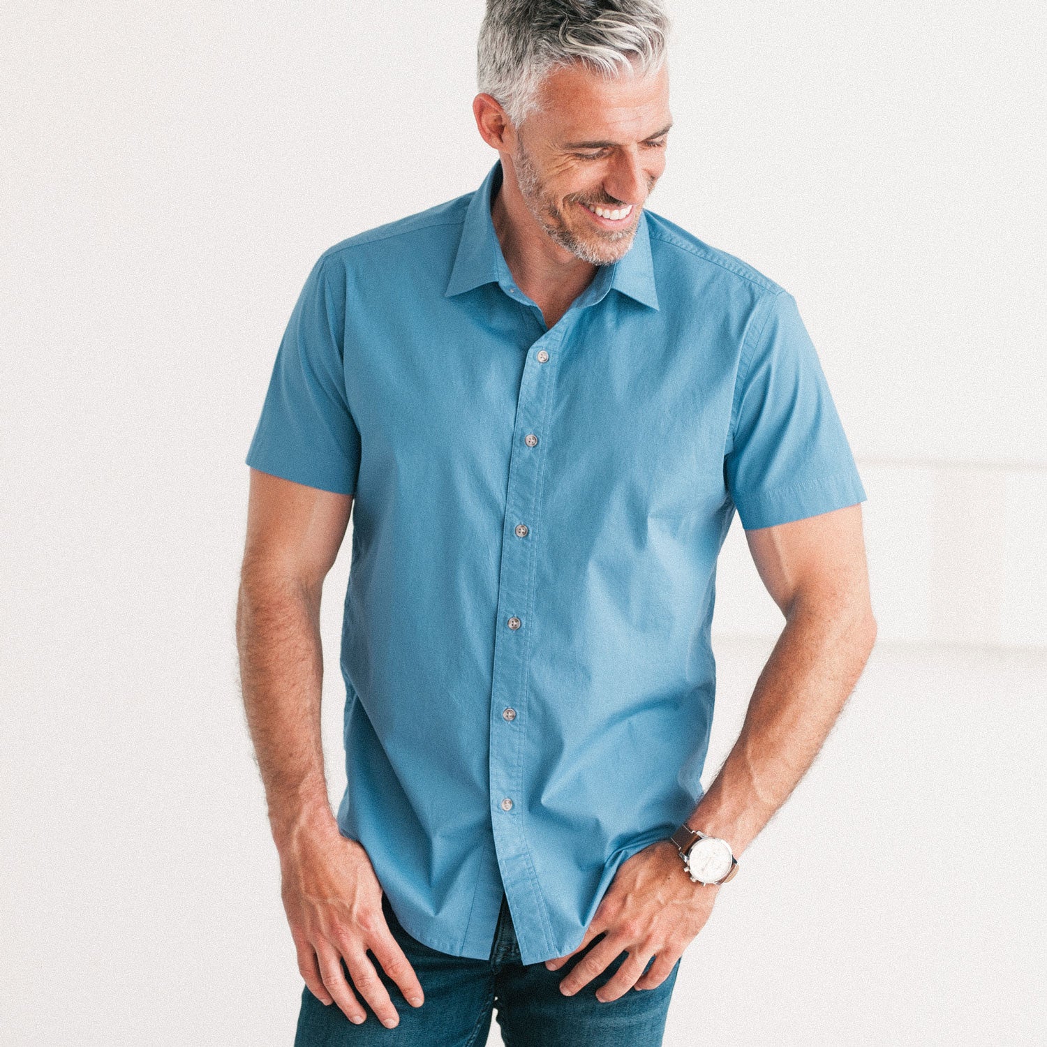 Essential Spread Collar Casual Short Sleeve Shirt - Steel Blue Stretch Cotton Poplin