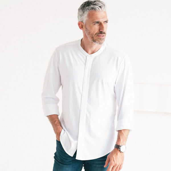 Essential Band Collar T-Shirt Shirt - Pure White Cotton Jersey