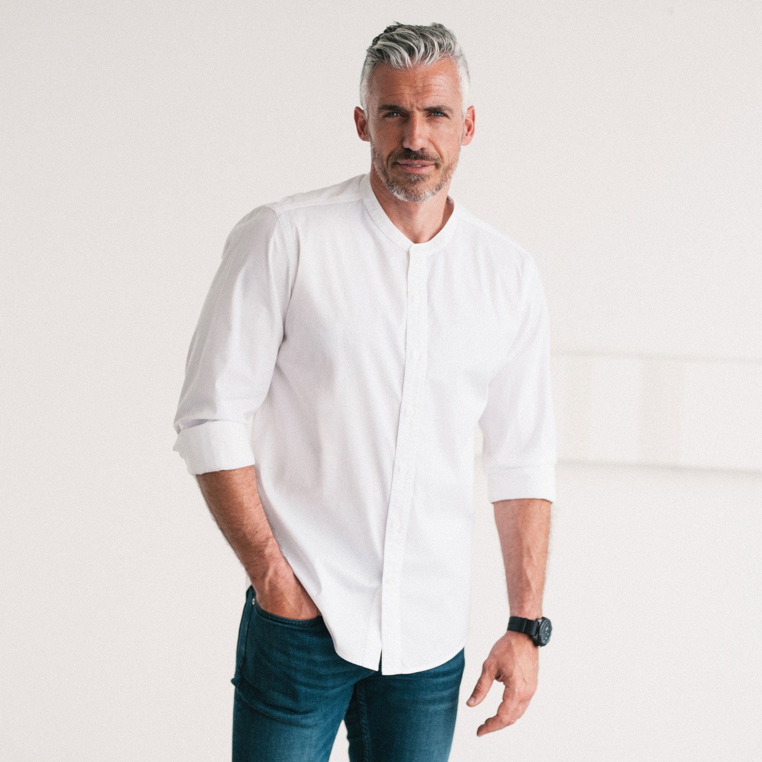 Essential Band Collar Button Down Shirt - White Cotton Stretch Poplin