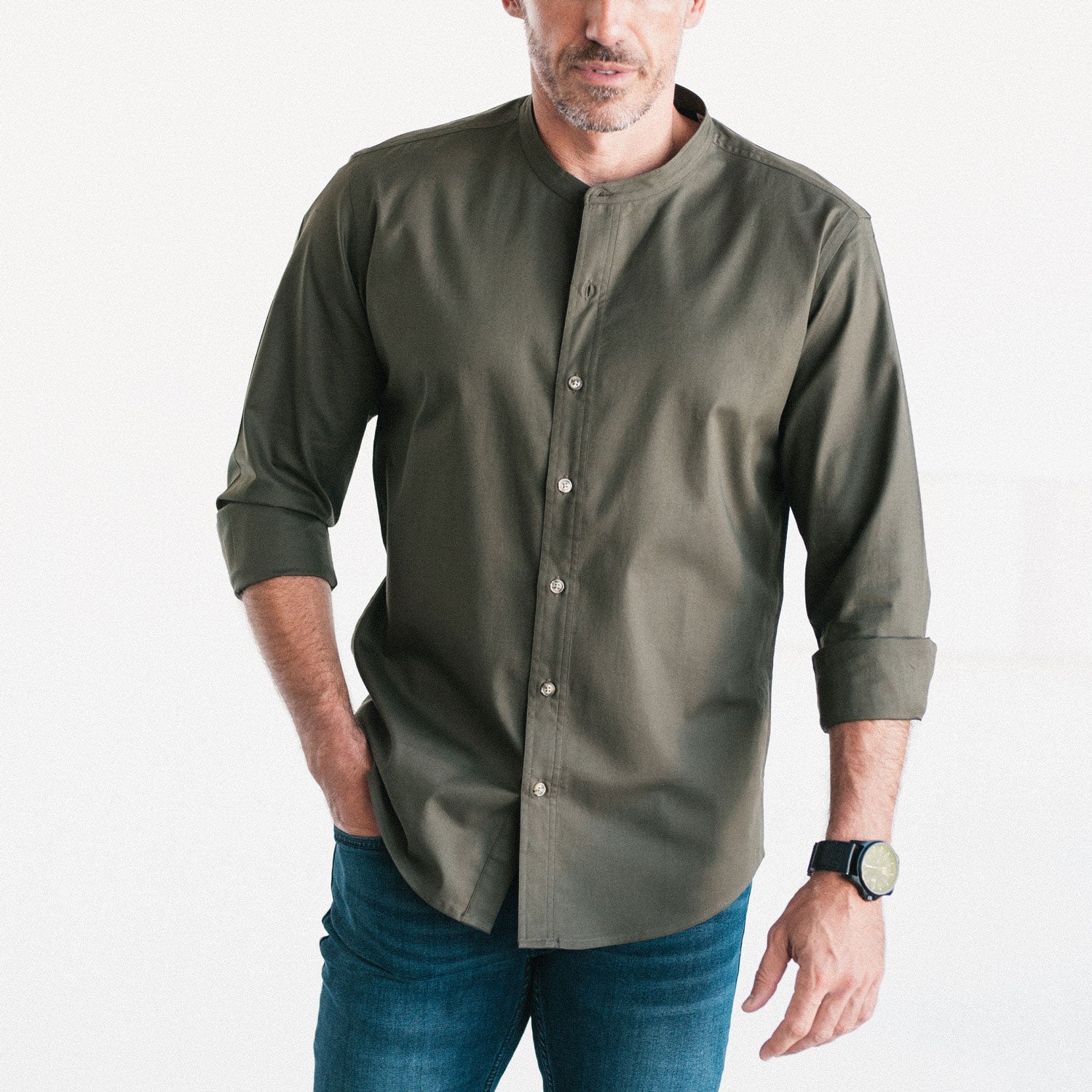 Batch Shirts Men s Band Collar Button Down Shirt in Olive Green 100 Cotton Twill Medium Large